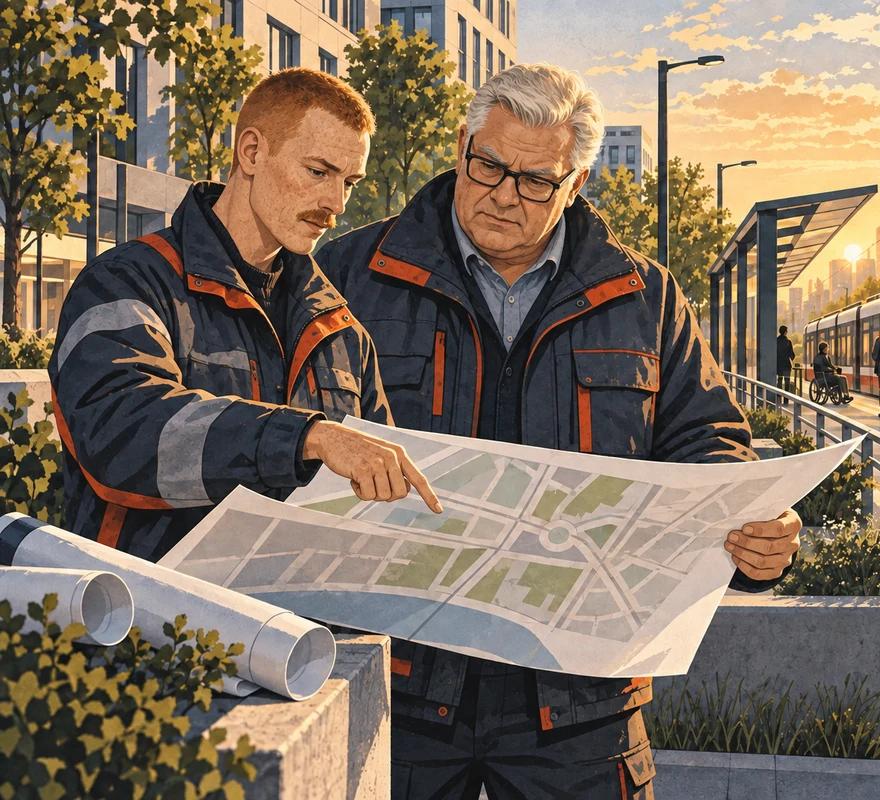 Двое мужчин — специалистов городской инфраструктуры — обсуждают рабочий план.